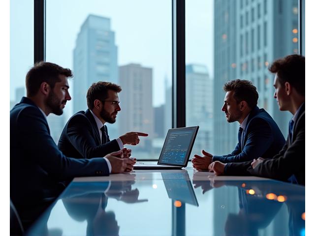 Team of consultants engaged in a strategic discussion with a client, pointing at a digital dashboard