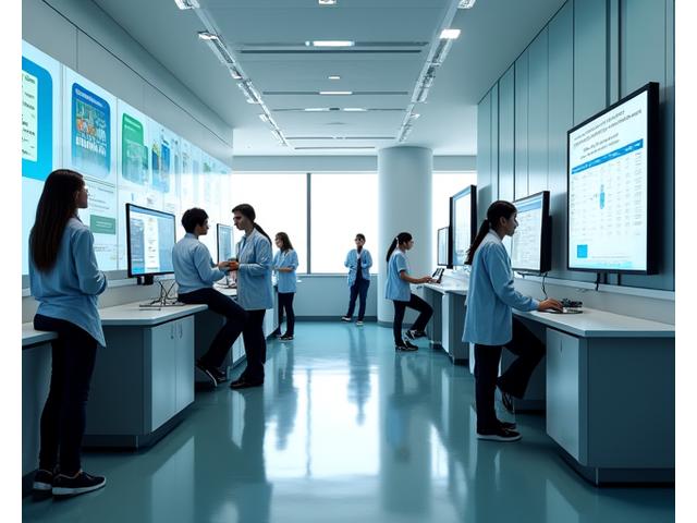 Modern healthcare office showing staff efficiently managing patient data on computers, with clean, organized workstations and a focus on digital processes.
