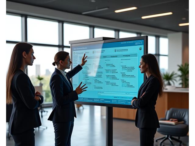 Modern shared office space with professionals collaborating around a digital display, illustrating efficient project management and data sharing.