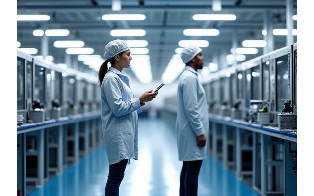 Image of a clean, modern manufacturing floor with precision machinery and a person reviewing data.