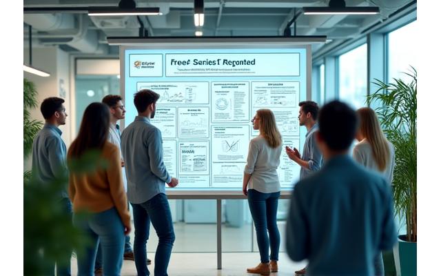 Image of a modern tech office with a team collaborating, a whiteboard displaying charts.