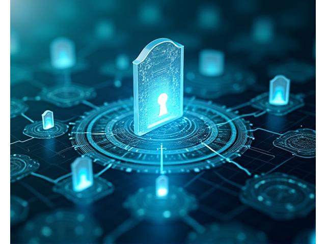 Abstract depiction of financial data security and risk mitigation, with interconnected digital shields and graphs