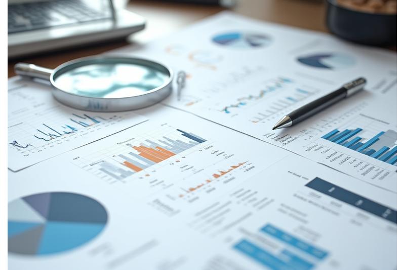 A magnifying glass hovering over complex financial documents and charts, symbolizing thorough due diligence.