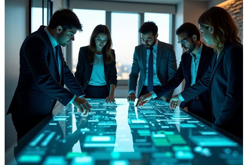 A diverse team of business professionals collaboratively working on a timeline chart, symbolizing strategic integration planning.