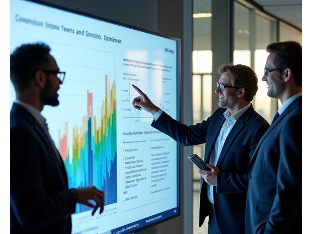 Team collaborating strategically around data visualizations, depicting strong organizational performance.