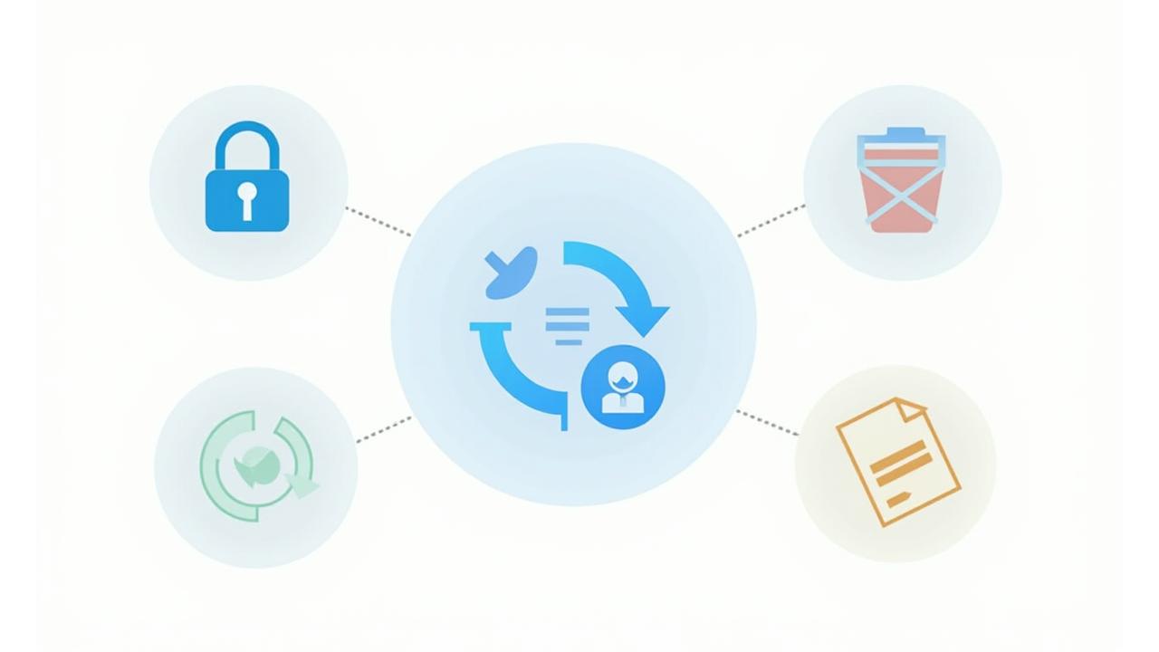 Graphic illustration showing various symbols representing user control over data: a padlock, a refresh arrow, a trash can, and a document icon, all surrounding a central 'privacy' concept. Clean, modern design with brand colors.