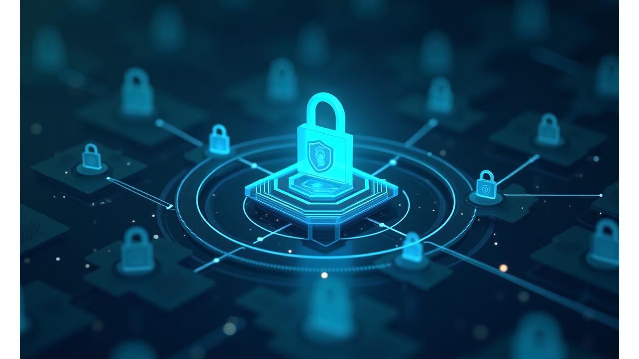 Illustration of a robust digital security infrastructure, featuring layers of firewalls, encrypted connections, and secure servers, with a prominent lock icon. The aesthetic is clean and high-tech, using shades of blue and green.