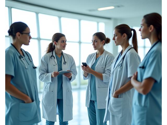 Group of diverse healthcare professionals collaborating, symbolizing successful leadership team placement.