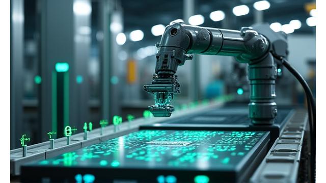 Robotic arm in a manufacturing setting, symbolizing automation and efficiency.